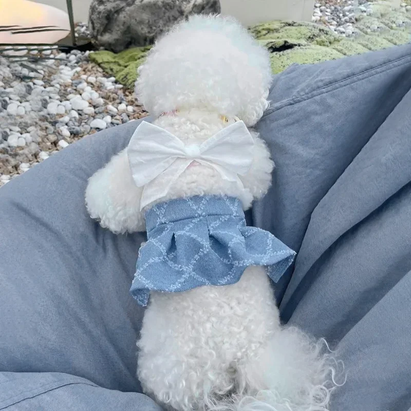 

Summer Pet Clothing Denim Dress Patchwork Bow Vest Dress Cat Denim Plaid Vest Puppy T-shirt Half Set Dog Dresses for Small Dogs