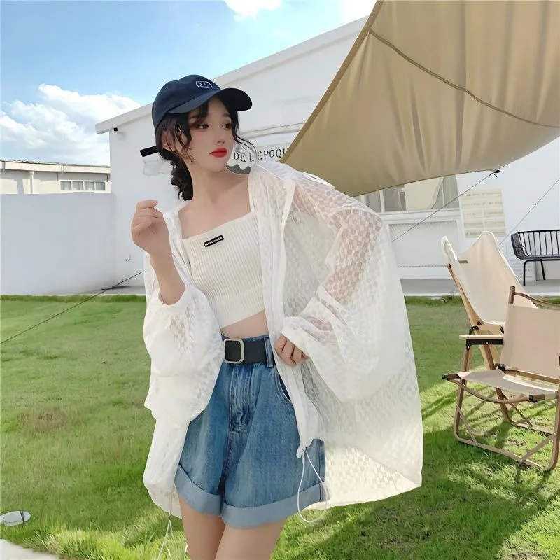 

Y2K Sunscreen Clothing Ultraviolet-proof Breathable Female Summer Coat Korea Loose Fitting Ins Solid Drawstring Hooded