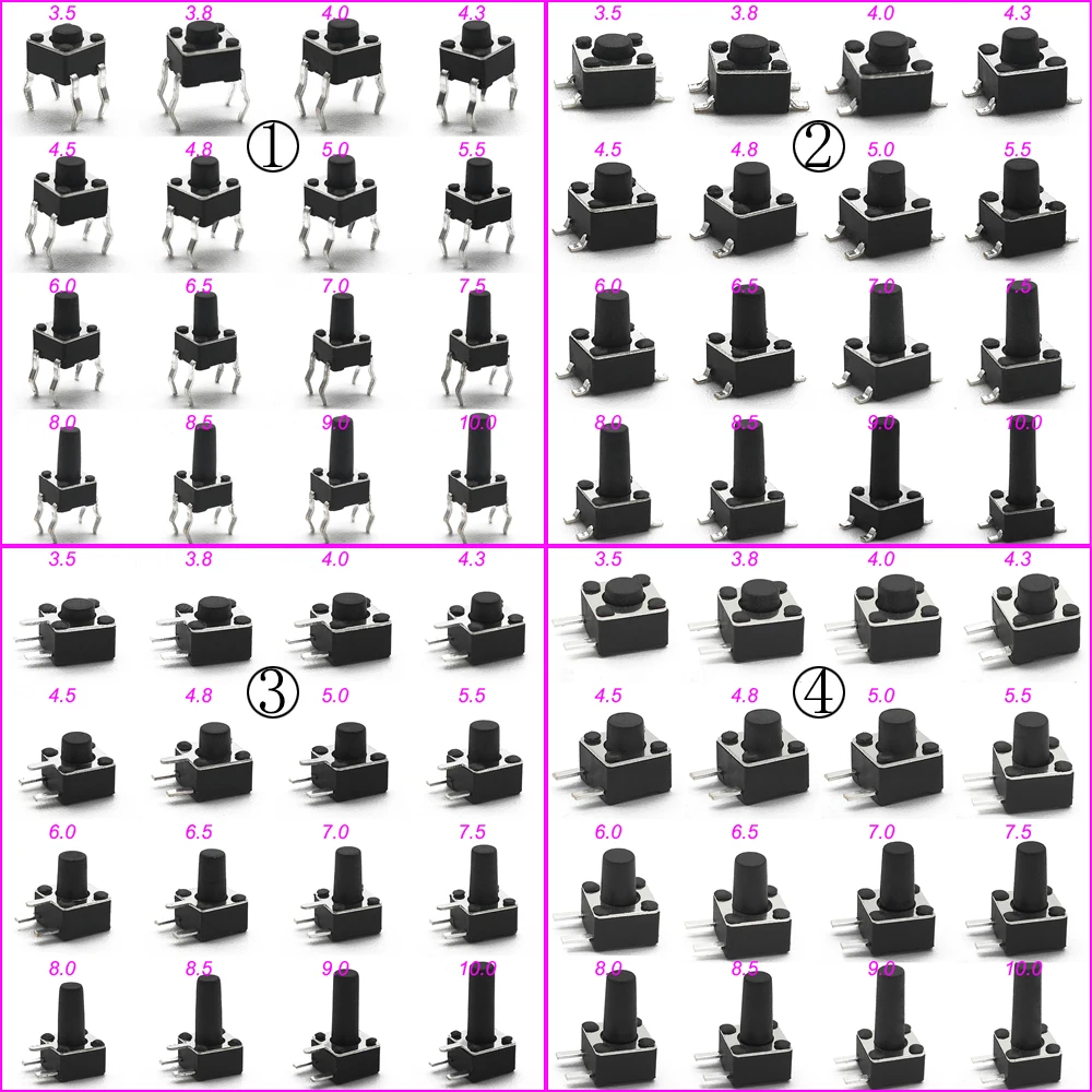 Microbotón táctico momentáneo, 50 piezas, 4,5x4,5 MM H = 3,5/3,8/4/5/6/7/8/9/10/11/12MM, SMD, 12V llave de juguete