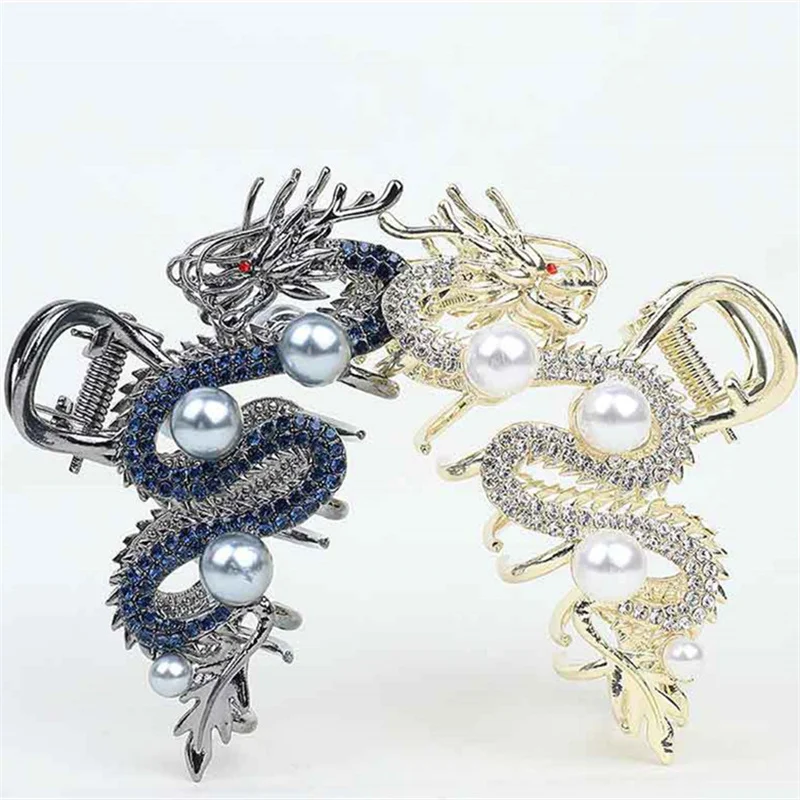 2024 New Fashion Metal Zodiac Pearl Dragon Shape Medium Claw Clip Women Personality Trend Versatile Shark Clip Hair Accessories