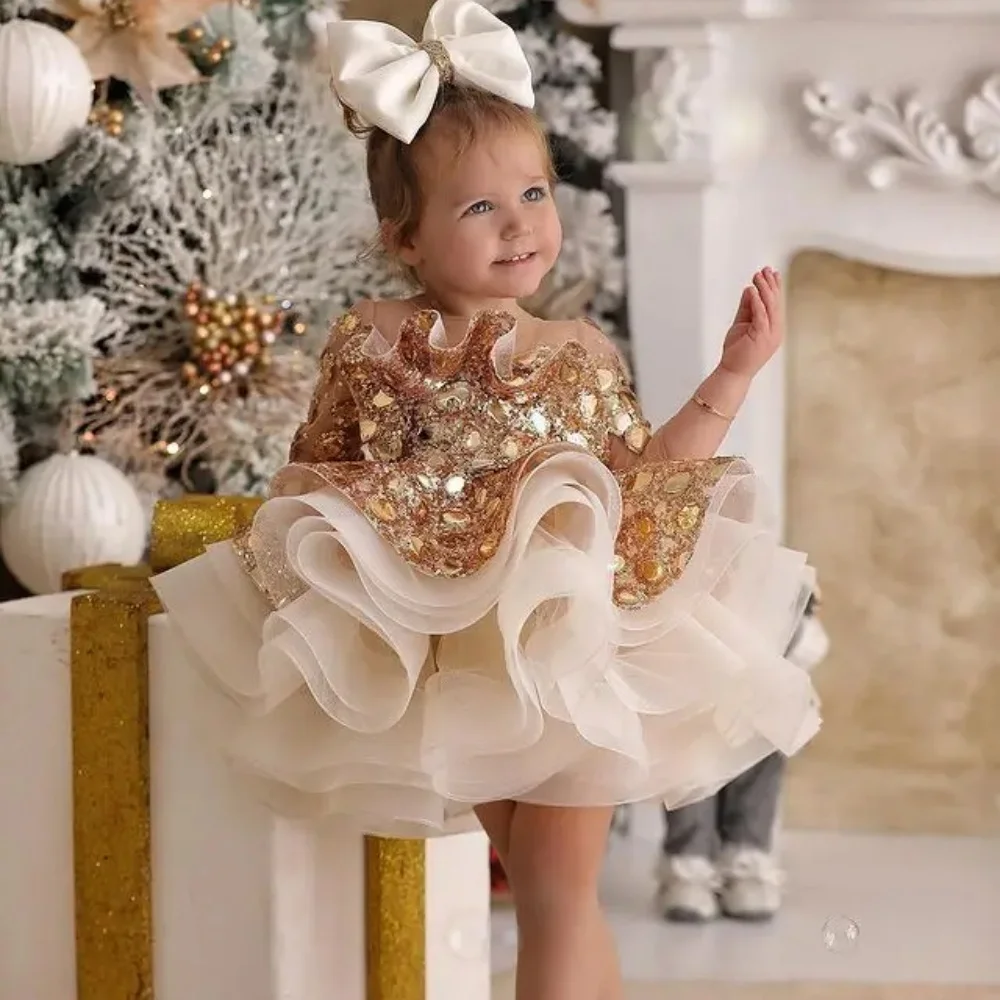 Vestido dorado de flores para niña, para boda, lentejuelas brillantes, volantes hinchados, media manga por encima de la rodilla, fiesta de cumpleaños para niños, vestido de baile para dama de honor