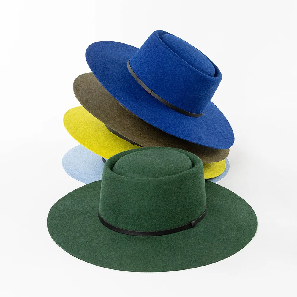 Fashion Casual Belted Round Ring Large Brim Wool Fedora Vintage Pork Pie Hat Trendy