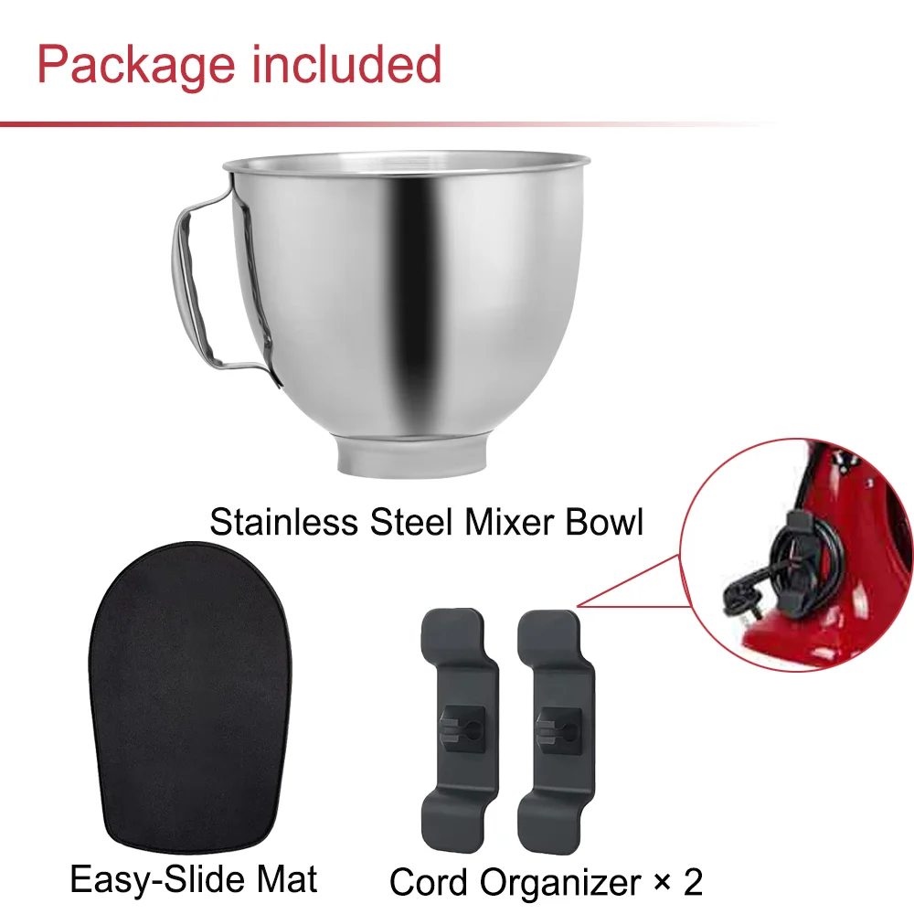 Stainless Steel Mixer Bowl for KitchenAid Artisan&Classic Series 4.5-5 QT Tilt-Head Mixer with Easy Slide Mat & 2 Cord Organizer