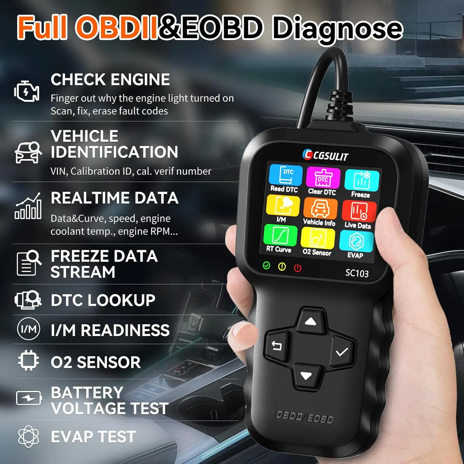 CGSULIT SC103 Auto Code Reader Diagnose Check Engine Light Smog Check DTC's Scan Tool Live Data Stream Spanningstest voor voertuigen