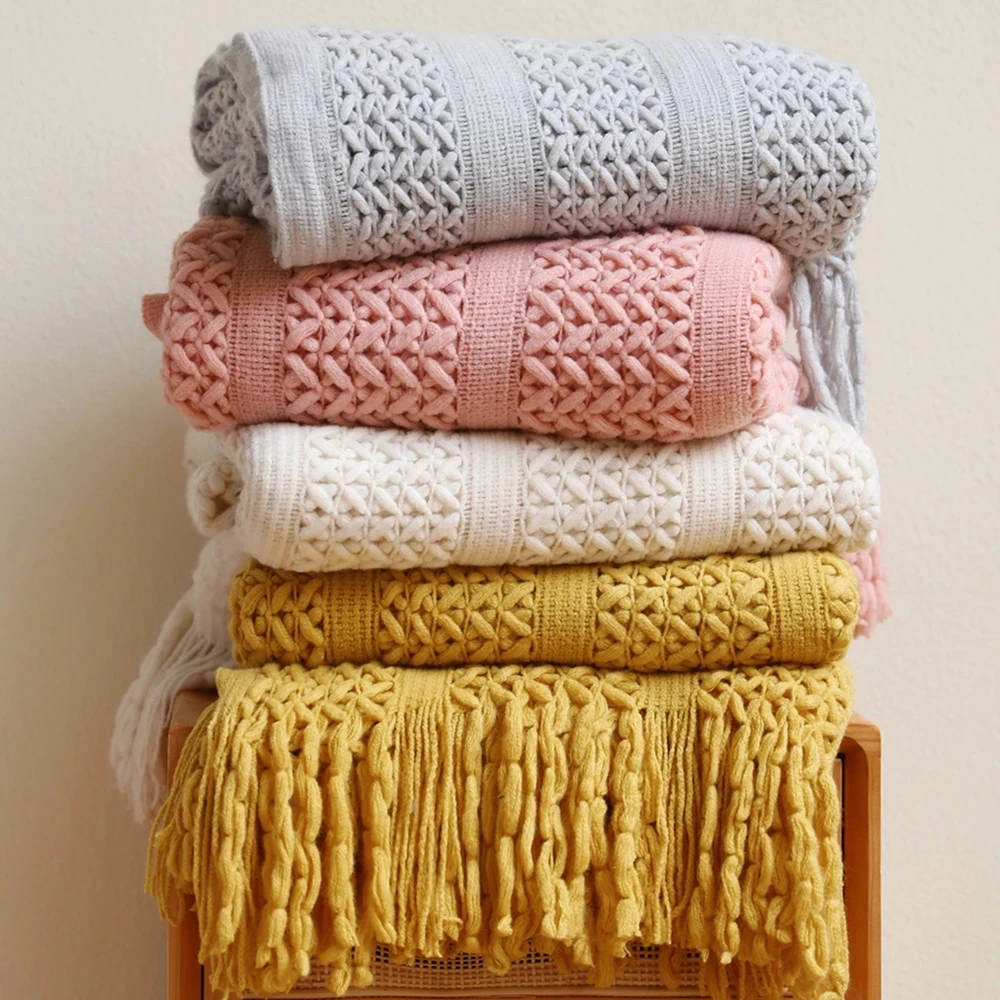 Boho Farmhouse Style Throw Blanket with Tassels Soft Cozy Knitted Lightweight White Khaki Couch Blankets for Home Spring Summer