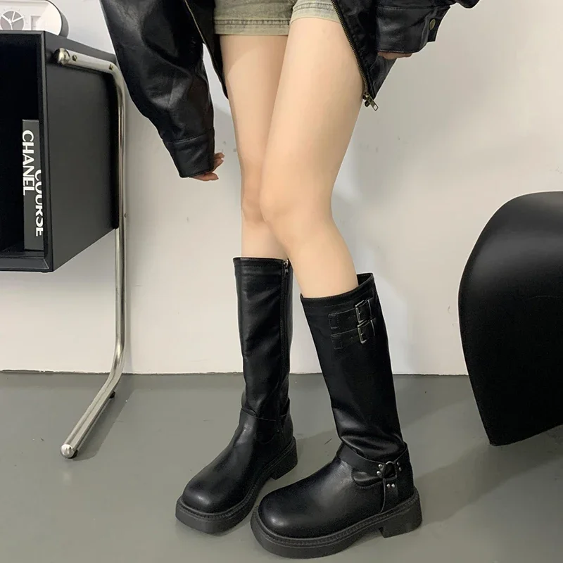 Retro Style Women Knee High Boots Fashion Belt Buckle Knight Long Boots Platform Heels Autumn Winter Ladies Shoes