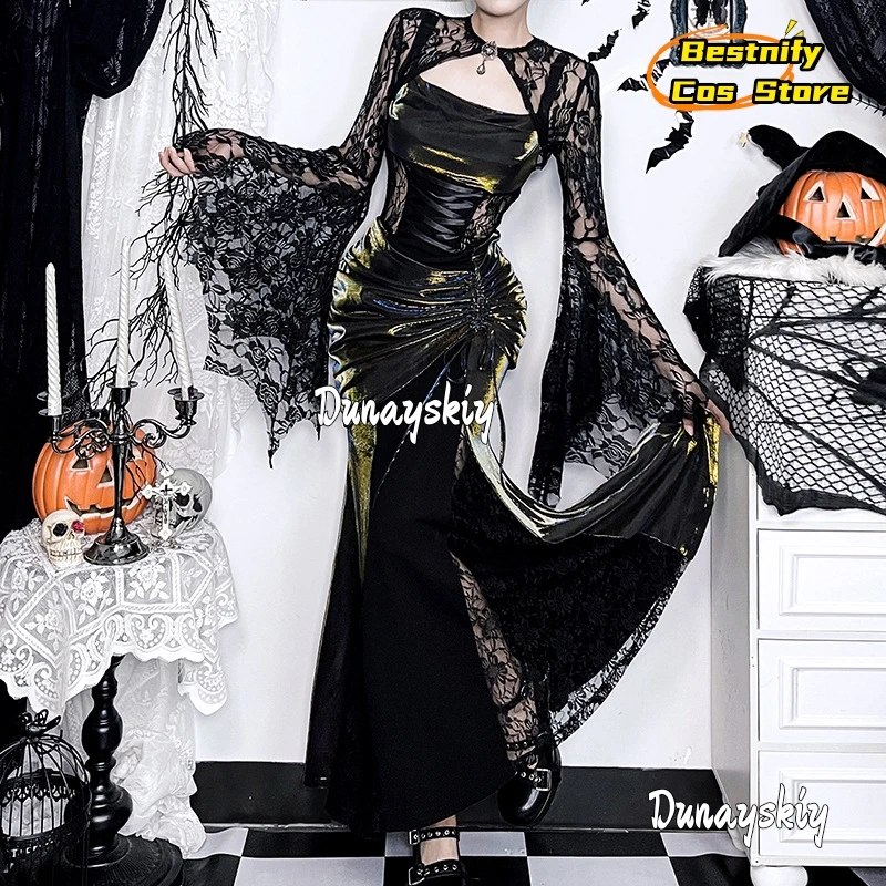 Vintage Sexy Flower Lace Dress Cospaly Costumes Mesh See Through Flared Sleeve Smock Goth Black Women's dresses Anime Role-play