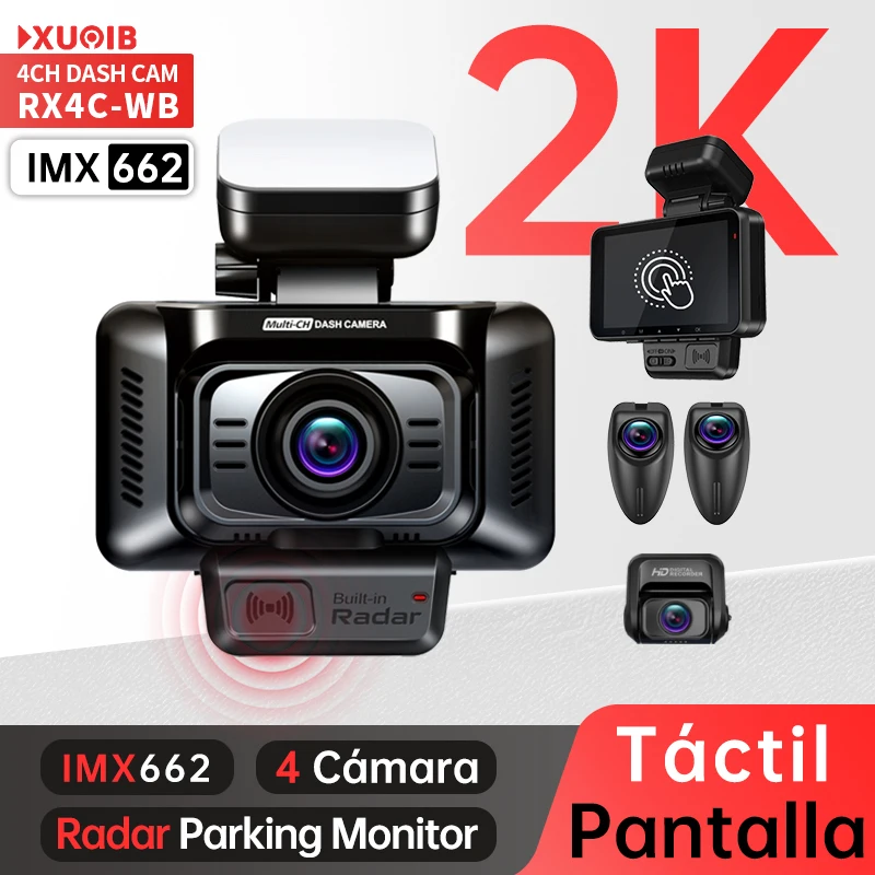 XUOIB-Cámara de salpicadero RX4C 2K 4CH GPS dash cam IMX662 Externo izquierdo y derecho Cam with pantalla táctil de 4'' automóvil DVR para coche Monitor de aparcamiento 24H 360,WiFi grabadora de vídeo automática