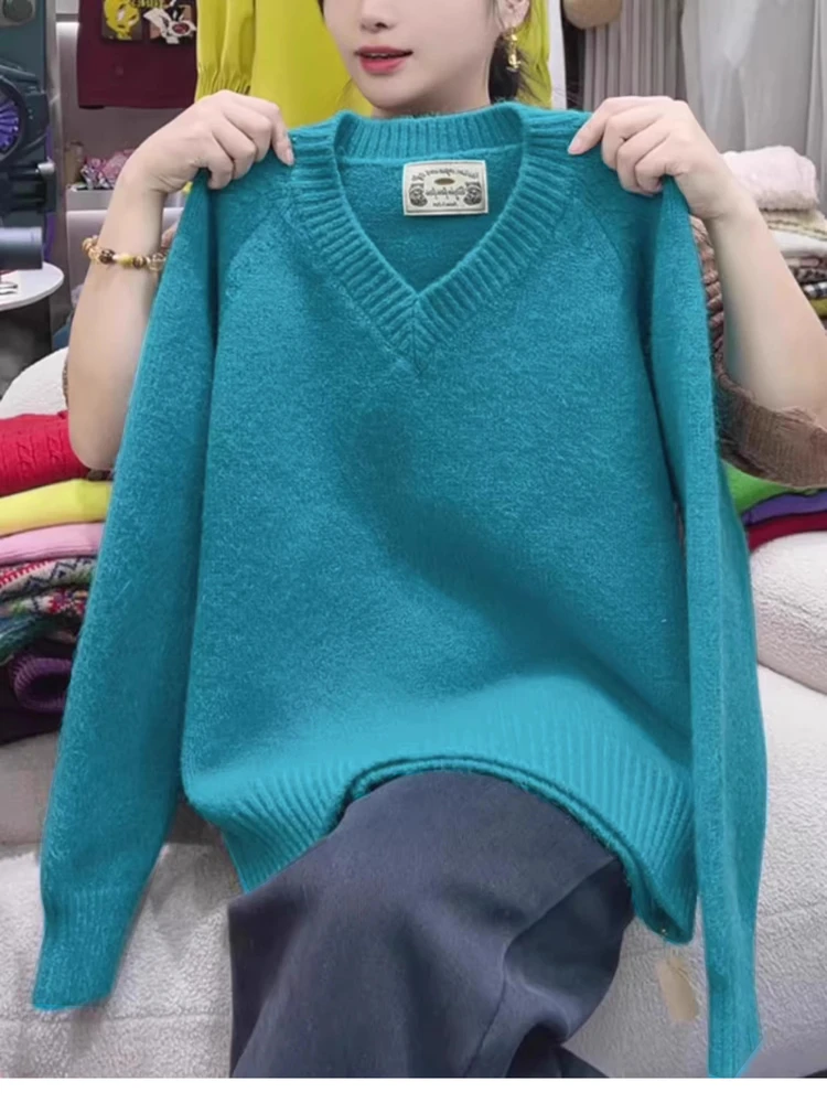 Pull tricoté doux et confortable pour femme, couche de Base Orange v-ne, coupe ample, chaud, automne hiver, Faion, haut Long Sve
