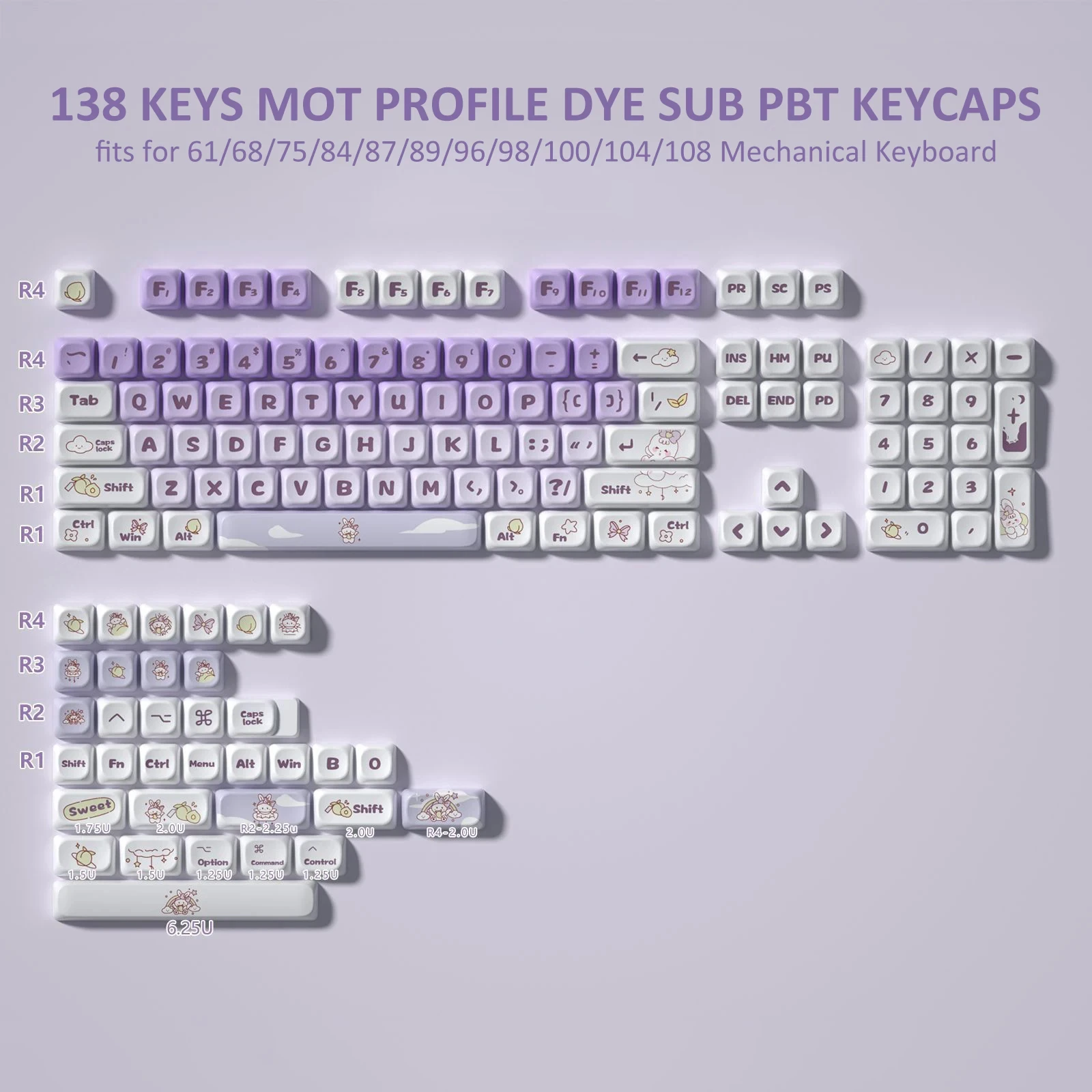 Dye Sublimation PBT 138 tasti Keycaps Purple Rabbit theme MOT Profile Keycap per Gateron Cherry MX switch tastiera meccanica