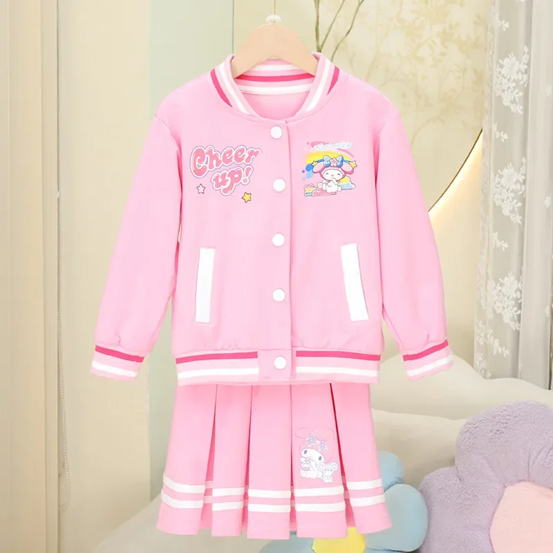 Sanrio My Melody saia plissada e conjunto de jaqueta para meninas, camisa, saia, doce, fofo, desenhos animados, anime, jk, roupas bonitas, presente para crianças, outono, 3 peças