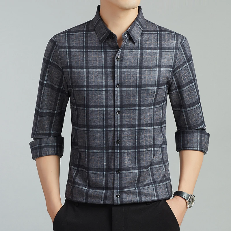 Seamless Smart Casual Plaid Shirts For Men Long Sleeve Exquisite Autumn Quality Silky Comfortable Wrinkle-Free Camisas De Hombre