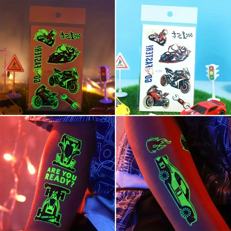 6 Sheets Luminous Racing Car Supplies Temporary Tattoos For Boys Glow In The Dark Cool Racing Car Engineering Vehicle School Bus