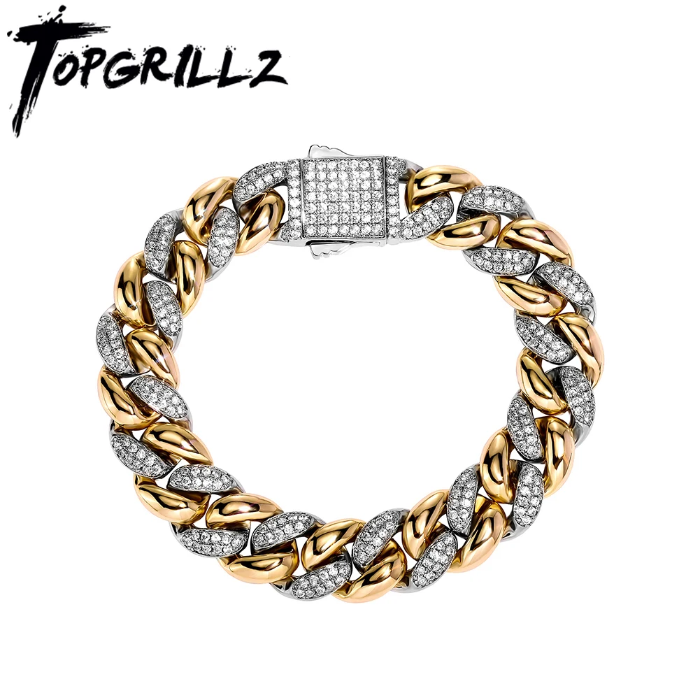 

TOPGRILLZ New 9/14MM Cuban Chain Bracelet With Gold Silver Color Spring Clasp Bling Iced Out CZ Jewelry Gift For Men Women