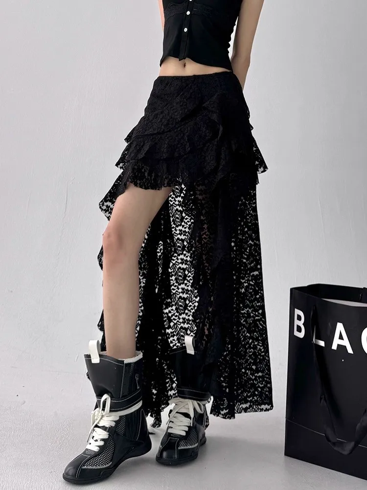 تنورة عالية الخصر غير متماثلة من الدانتيل للفتيات العصريات للتنقل النسخة الكورية تنورة منتفخة مجوفة #5