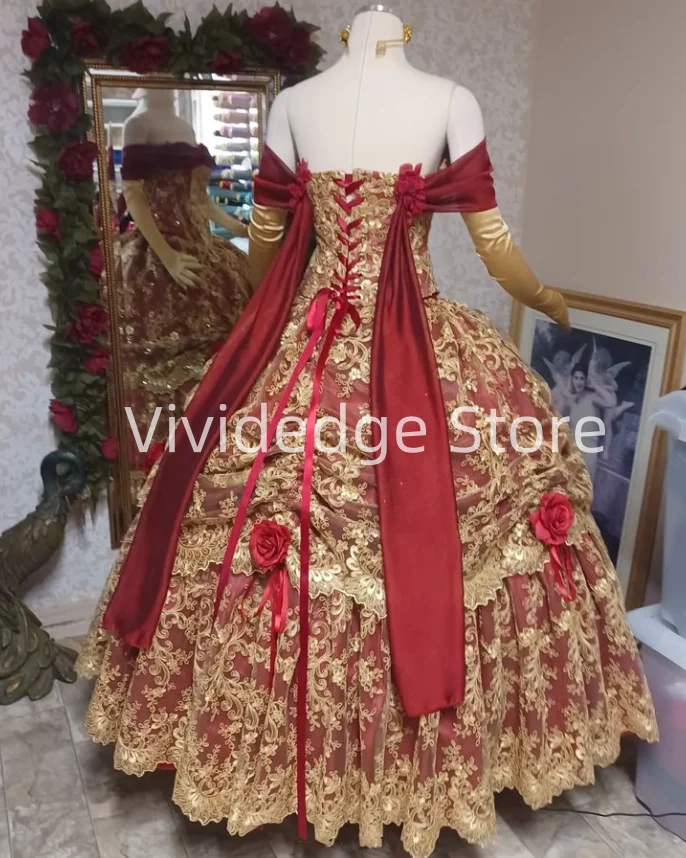 Red Gold Belle Ball Gowns 3D 3D Flower Lace-up cosplay Victorian Princess Evening Gowns vestidos de fiestas elegantes mujer