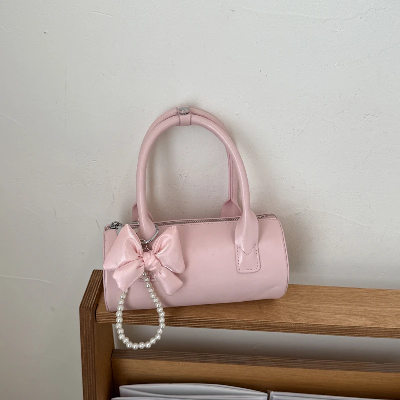 

Женская цилиндрическая сумка Y2K с бантом, мини-сумка через плечо с жемчужной цепочкой, милая розовая сумка-бочонок для вечеринок и повседневного использования