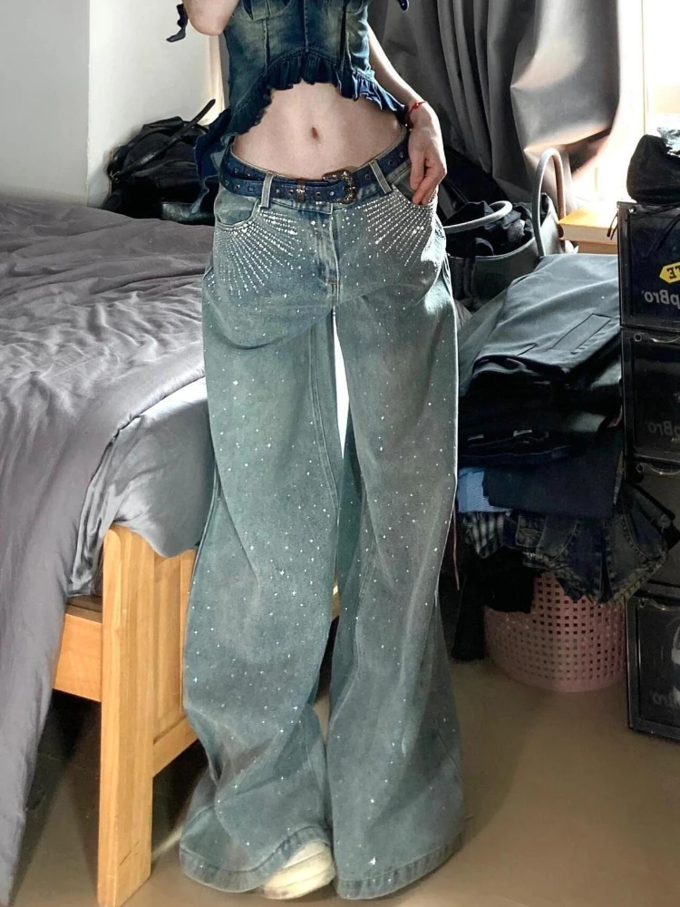 

HOUZHOU Vintage Rhinestone Jeans Women Y2k Baggy Kpop Gyaru Blue Denim Pants Korean Fashion High Waist Streetwear Wide Leg Jeans