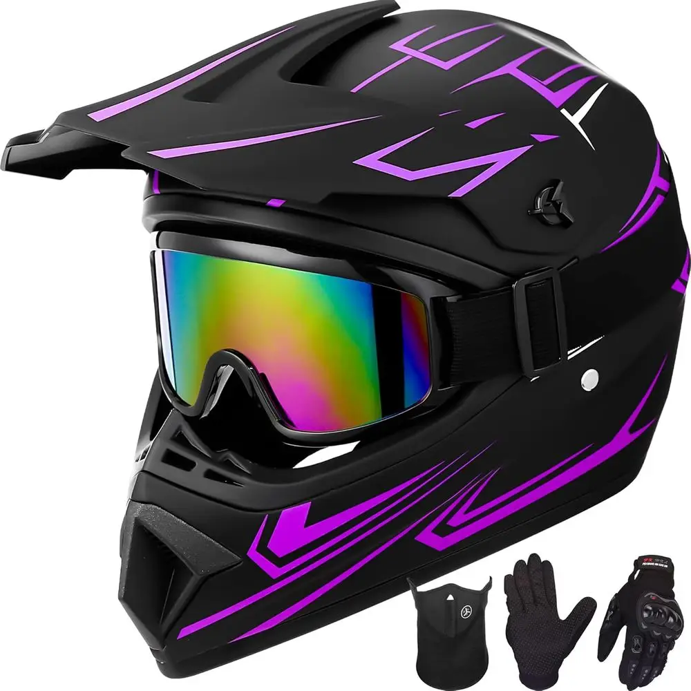 

Purple XL Youth Motocross Helmet Set with Gloves, Goggles, and Mask - DOT Approved