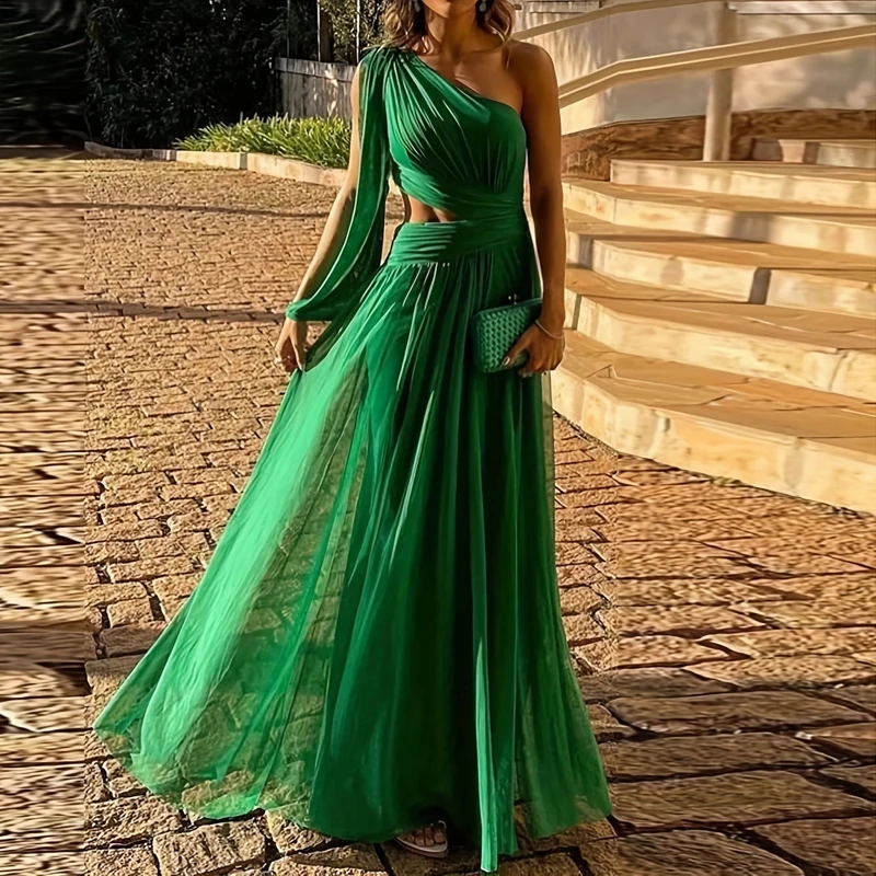 2023 Sexy Diagonal Neck High Waist Mesh Dress Fashion One Shoulder Sleeve Hollow Evening Dress Green Elegant Backless Long Dress