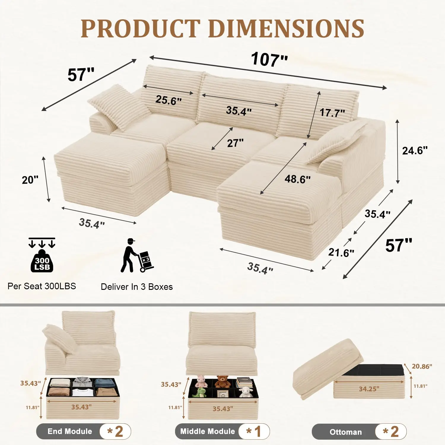Upgrade Boneless Couch with Storage, Extra Deep&High Seat Modular Sectional Sofa 3 Seater U Shaped Cloud Couch with, Custom