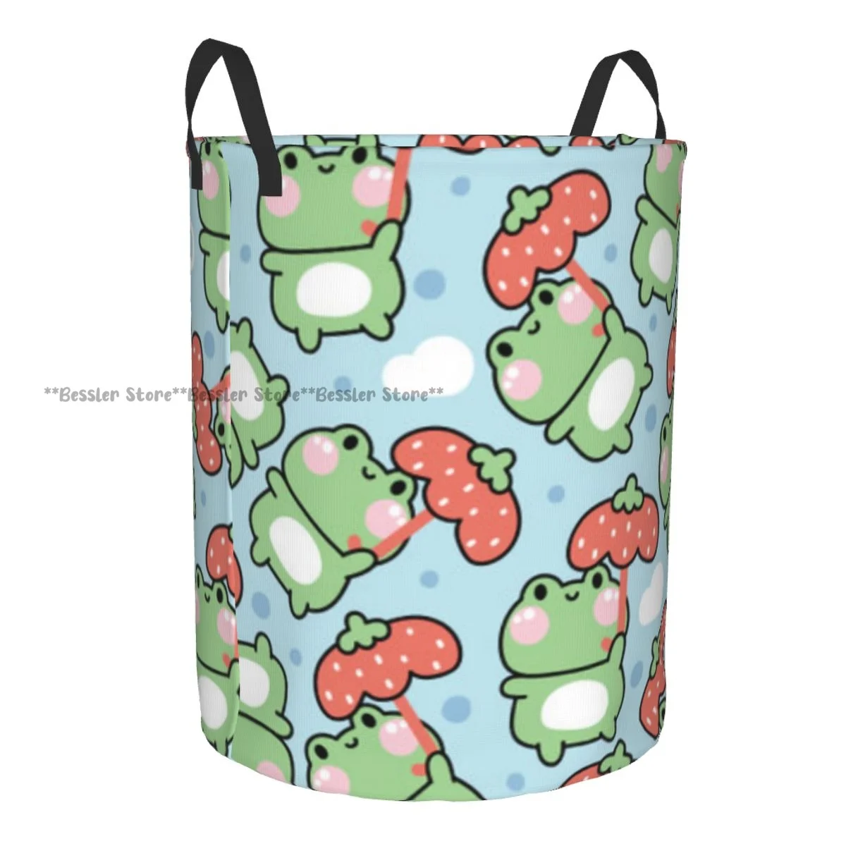 Dirty Laundry Basket Cute Frog Hold Strawberry Umbrella On Sky And Cloud Background Folding Clothing Storage Bucket