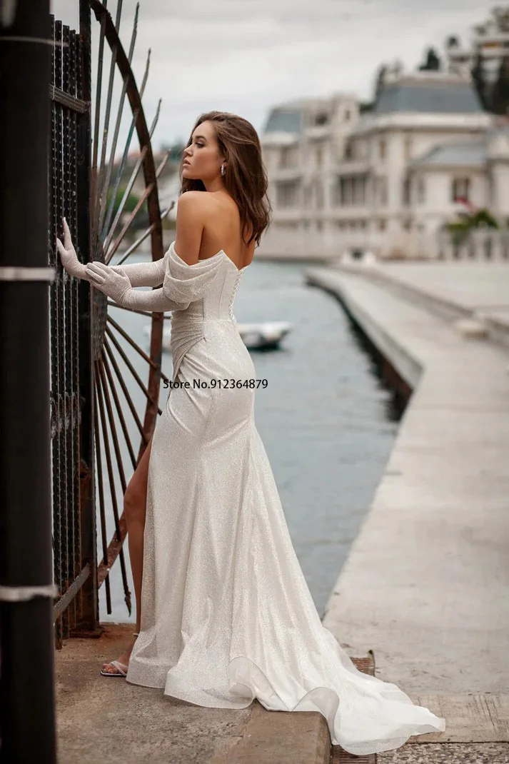 Stunning Off the Shoulder V-neck Sheath Wedding Dresses Side Slit Boho Bridal Grown 2025 Vestido De Noival