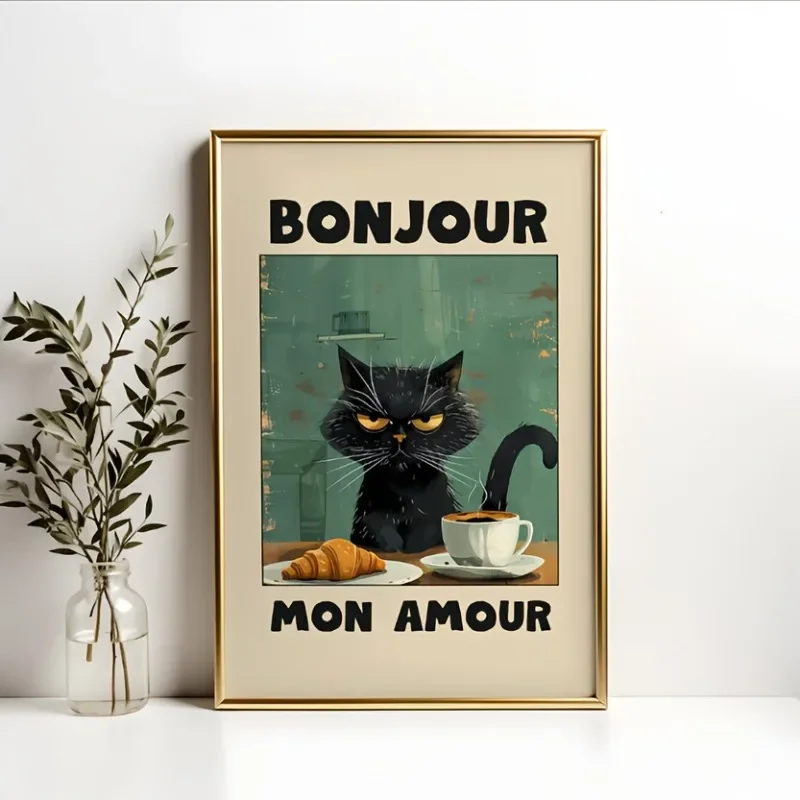 1 póster de Le Chat Noir, ilustración de desayuno con gato negro de Green Bonjour Mon Amour, pintura moderna sobre lienzo sin marco, decoración interior