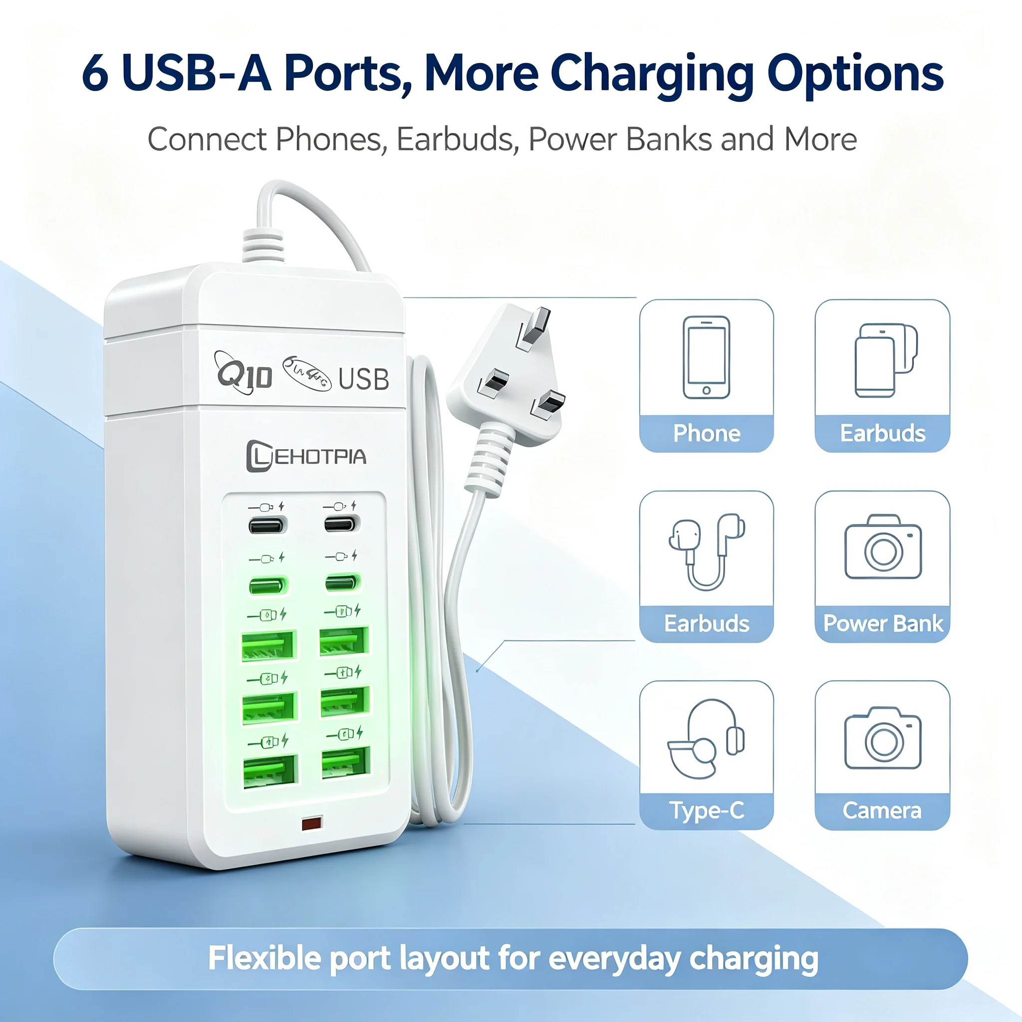 10 Port USB Charging Station Multi-Port Fast Charger with 6 USB a 4 USB C Ports UK Plug Power Cord And Status Indicator for Mult