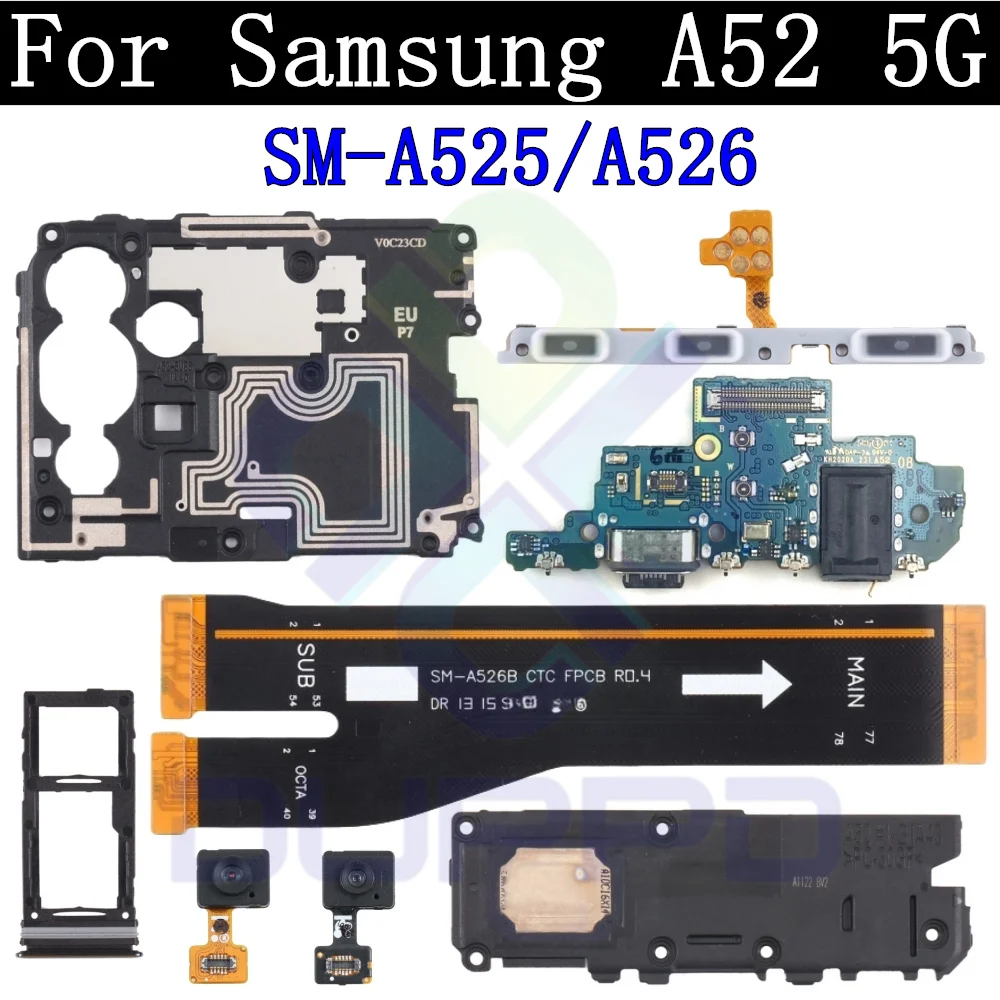 Top Earpiece Loud Speaker SIM Card Charging Port Board For Samsung A52 5G/4G Fingerprint Sensor Off On Motherboard Flex Cable