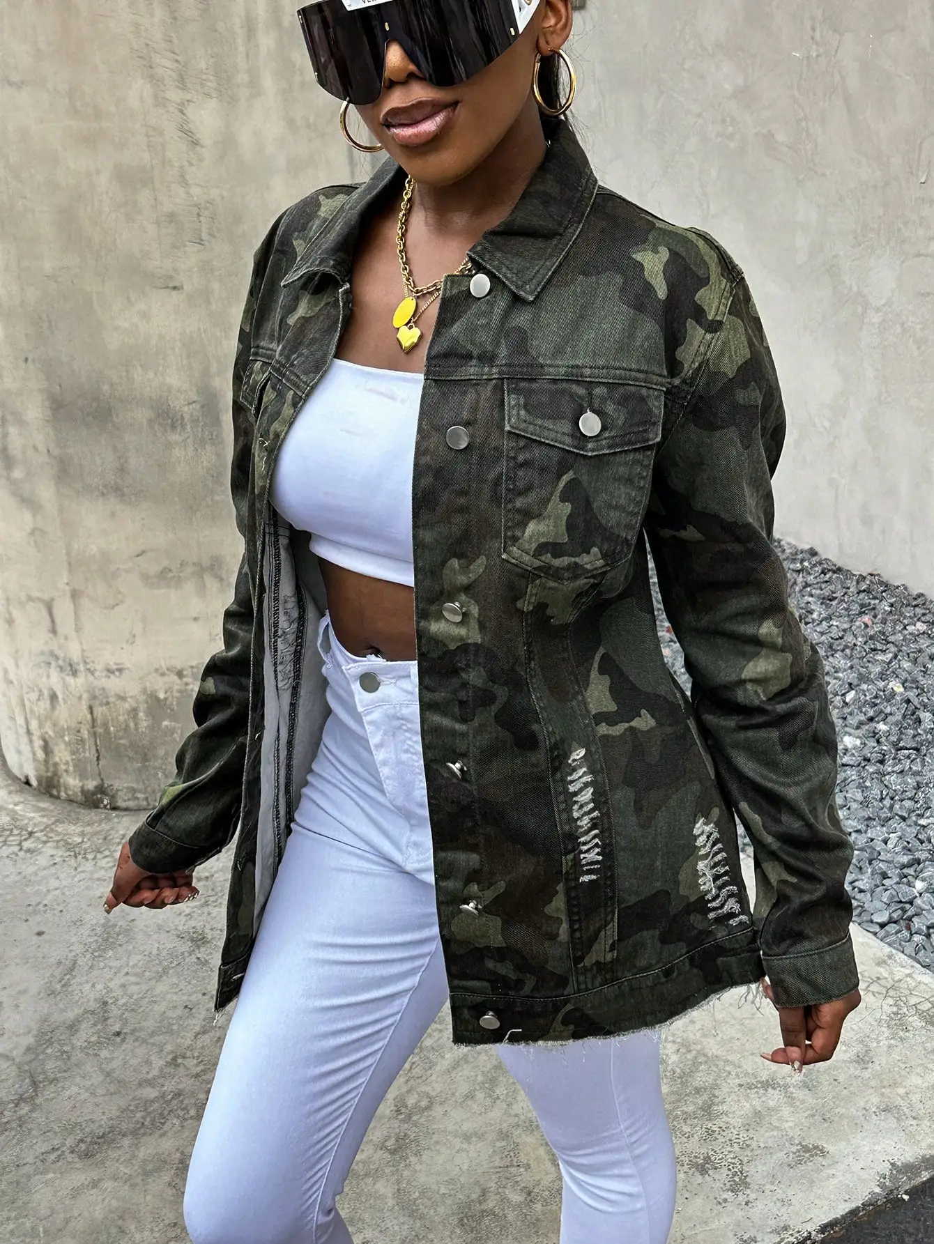 

Women's Camo Print Denim Jacket with Distressed Detail and Snap Buttons
