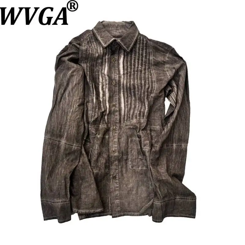 WVGA Spring Autumn New Men Distressed Vintage Patchwork Irregular Versatile Cotton Long Sleeve Turn-Down Collar Shirt Ins W25939