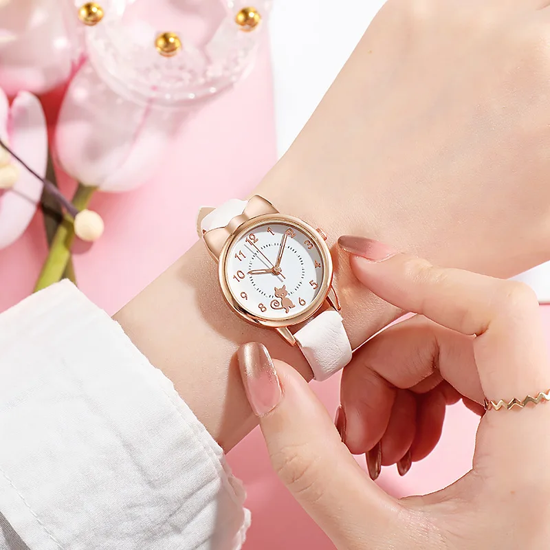 New Girls Casual Wristwatches Alloy Shell Belt Cute Cartoon Cat Graphics Non-luminous Pointer Student Ladies Watches Reloj Mujer