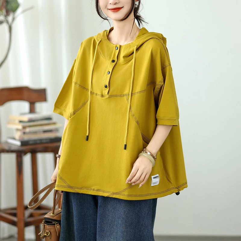Masss Wasss Korean Design Fashion Leisure Tee Shirts Females 2026 Classic Loose Soild Clothes Womens Summer Vintage Hooded Tops