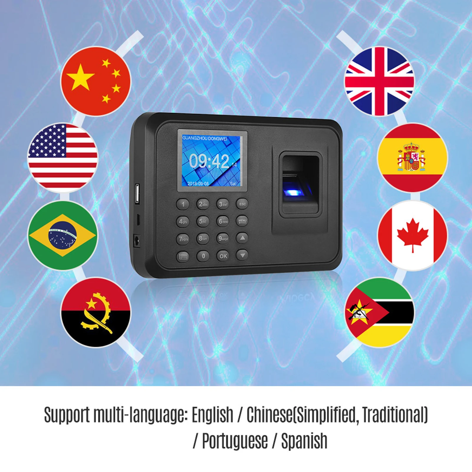 Biometric Fingerprint Password Attendance Machine Multi Language 2.4in LCD Screen Employee Checking-in Recorder Export Data