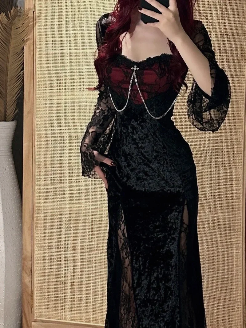 

Gothic Elegant Vintage Lace Patchwork Vintage Dress for Women Y2k Sexy Slim Waist Bodycon Dresses Summer New Long Sleeve Bodycon