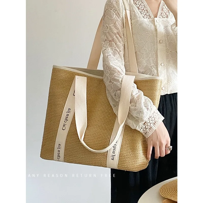 Wicker Beach Bag for Women Luxury Designer Large Capacity Summer Tote Bag Monogram Decorated Shoulder Crossbody Bag Wallet