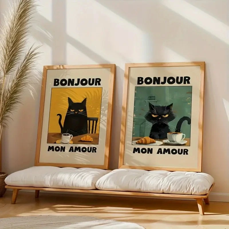 

2pcs/set Japanese-style Retro Black Cat Coffee Printed Canvas Poster Modern Living Room Bedroom Kitchen Wall Art Home Decoration