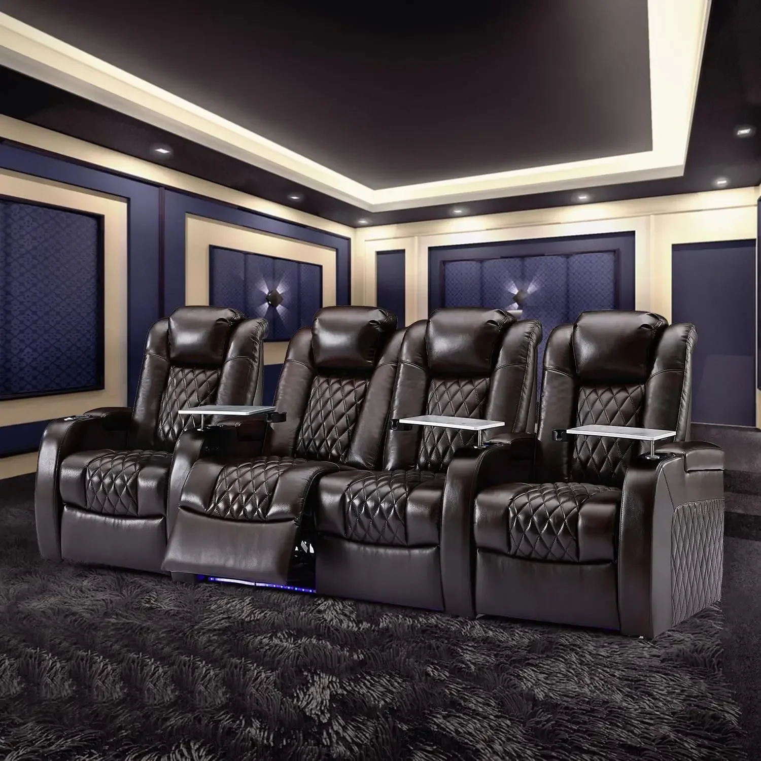 Home Theater Seating Top Grain Leather Loveseat Recliner Chair Dual Power Movie Gaming Sofa Electric Headrest