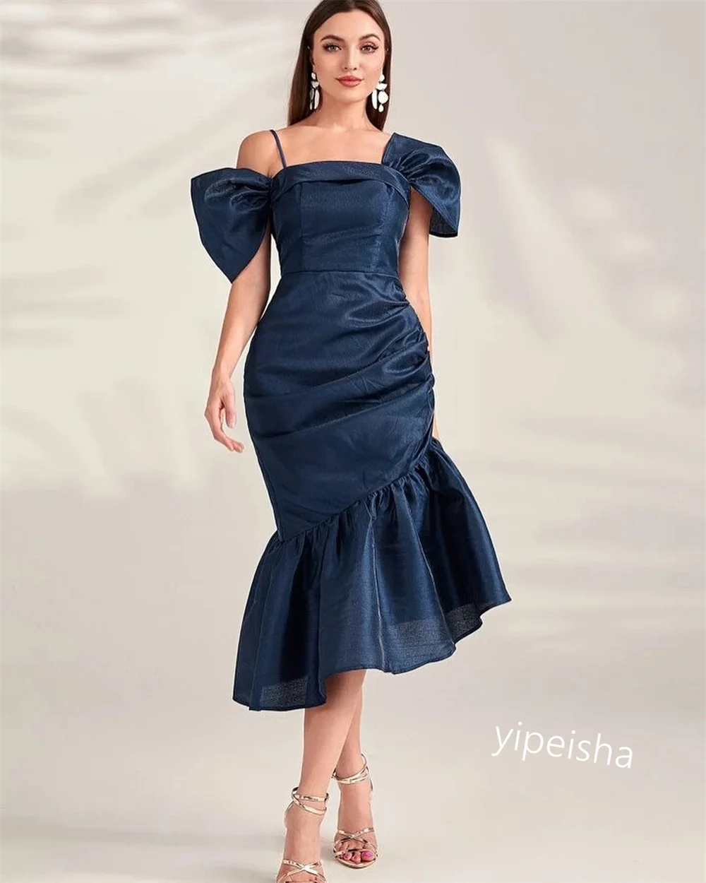 Jiayigong Sparkle  Prom Satin Draped Homecoming A-line Off-the-shoulder Bespoke Occasion Gown Midi Dresses