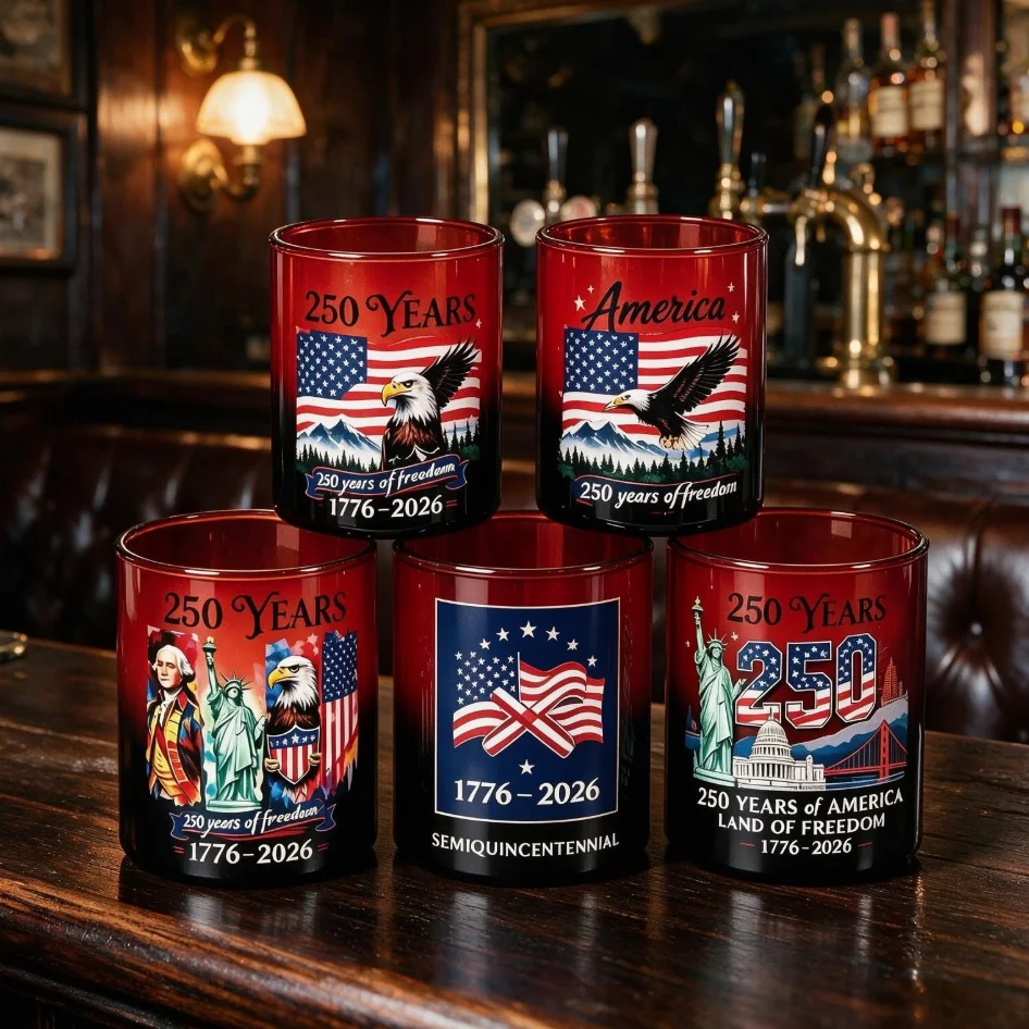 Patriotic American 250th Anniversary Glass Cup 1776‑2026 Eagle Flag Print Whiskey Tumbler Bar Drinkware Independence Day Gift