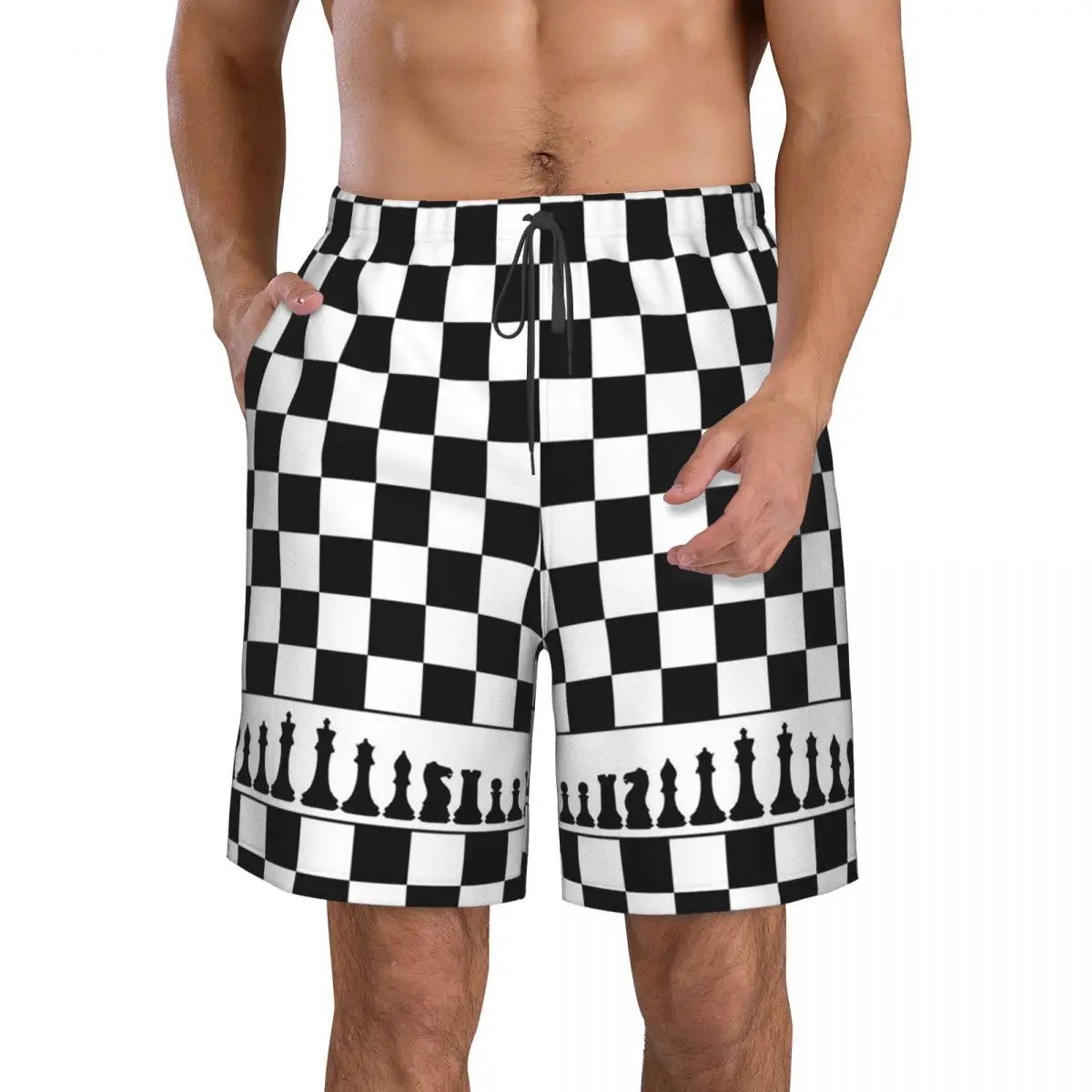 Chess Board Black And White Grid Checkered Trunks Beach Board Shorts Casual Quick Dry Swim Summer Men Pants