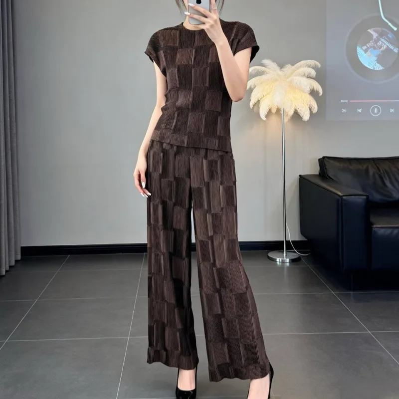 

Miyake New Light-Sensitive Satin Piano Pleated T-Shirt Top Simple Elegant Elastic Waist Flared Pants Elegant Commuter Women Suit