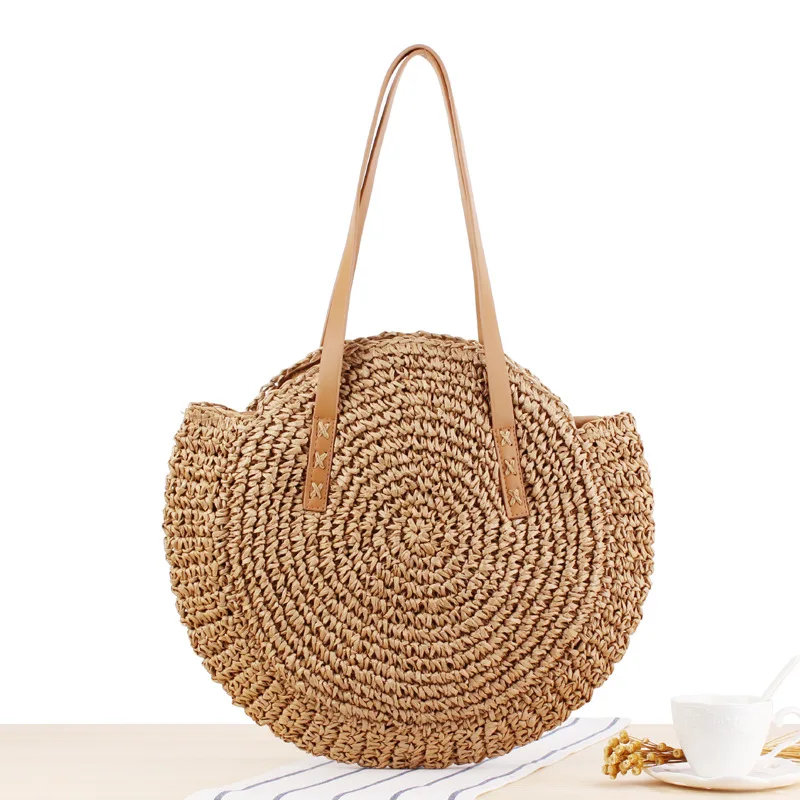 

New style simple round shoulder straw bag woven bag beach bag fashion