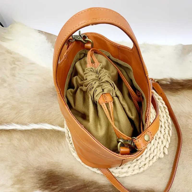 First layer cowhide retro flower basket bag vegetable tanned commuter large capacity vegetable basket bucket bag