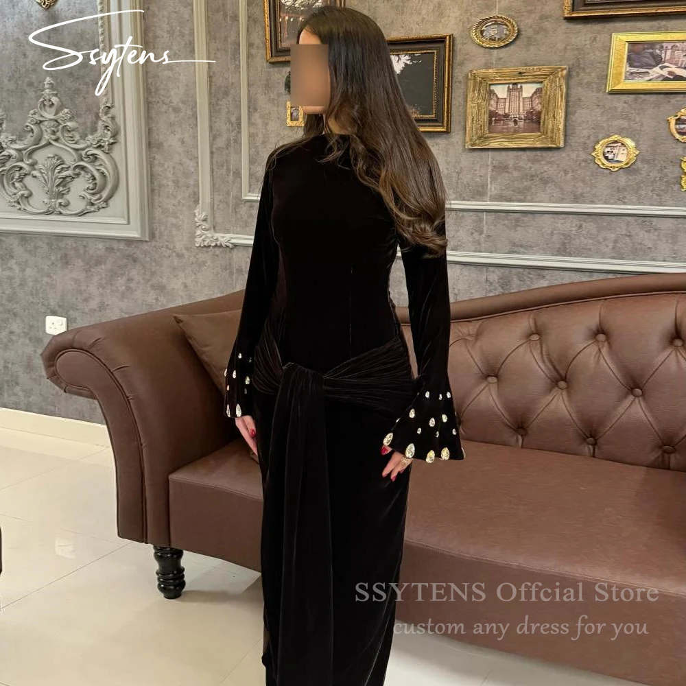 

SSYTENS Modern Evening Dresses Full Sleeves Velvet Mermaid Wedding Party Gowns for Women Beaded Trumpet Formal Gown Customized