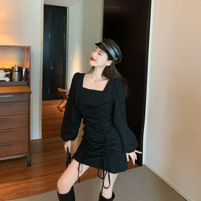 Black Bodycon Korean Style Puff Sleeves Women's Long Sleeve Dresses Plain Hot Sensual Sexy Elastic One-piece Y2k Female Dress