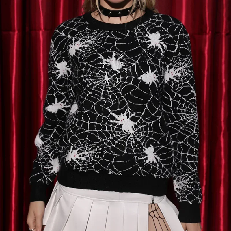 Black Spider Jacquard Halloween Costume Autumn and Winter 2024 New Crew-neck Loose Long-sleeved Knit Pullover Sweater for Women