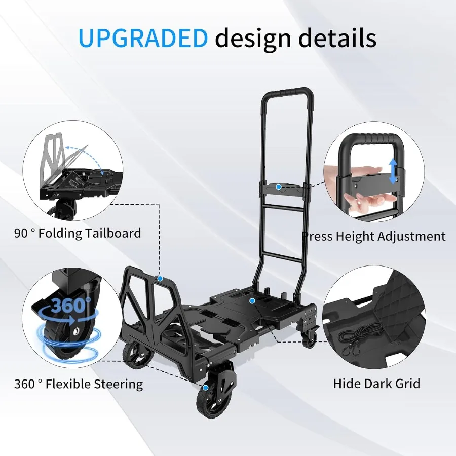 Camion a mano pieghevole 2 in 1 con maniglia retrattile per riporre e trasporti facili Camion a mano portatile con capacità durevole di 330 libbre