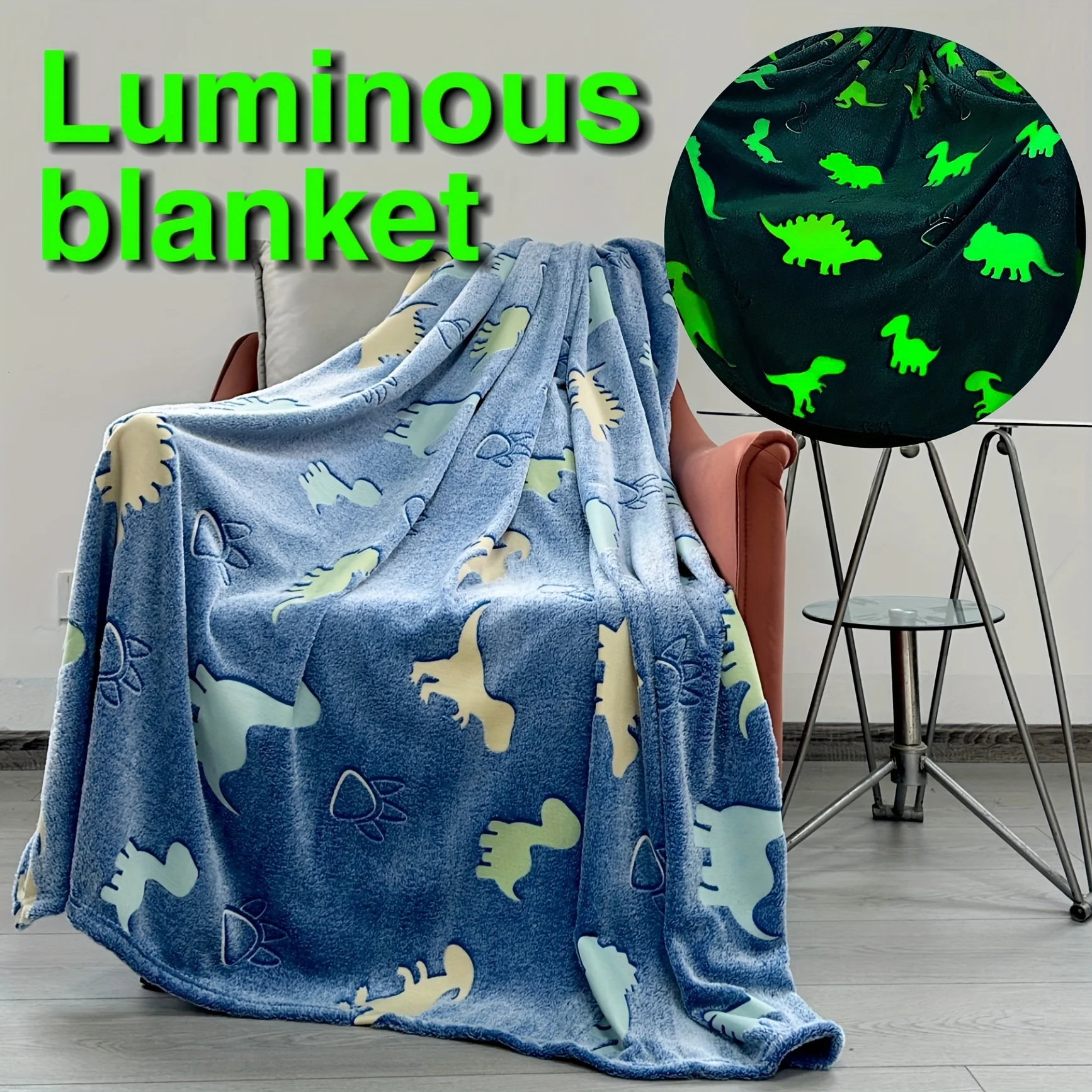 Glow in the Dark Dinosaur Flannel Throw Blanket Soft and Cozy Blue Luminous Blanket for Bedroom Living Room and Office